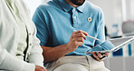  Hands, physiotherapist and old woman with tablet, consultation and digital app for routine. People, physical therapy and senior patient with tech, healthcare and wellness with rehabilitation or help