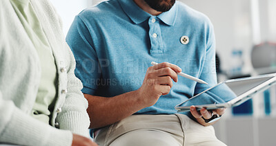 Buy stock photo Hands, physiotherapist and old woman with tablet, consultation and digital app for routine. People, physical therapy and senior patient with tech, healthcare and wellness with rehabilitation or help