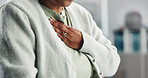 Chest, hand and healthcare with person in distress for breathing or cardiovascular problem. Cardiac arrest, heart attack or pain and patient closeup with medical condition, crisis or emergency