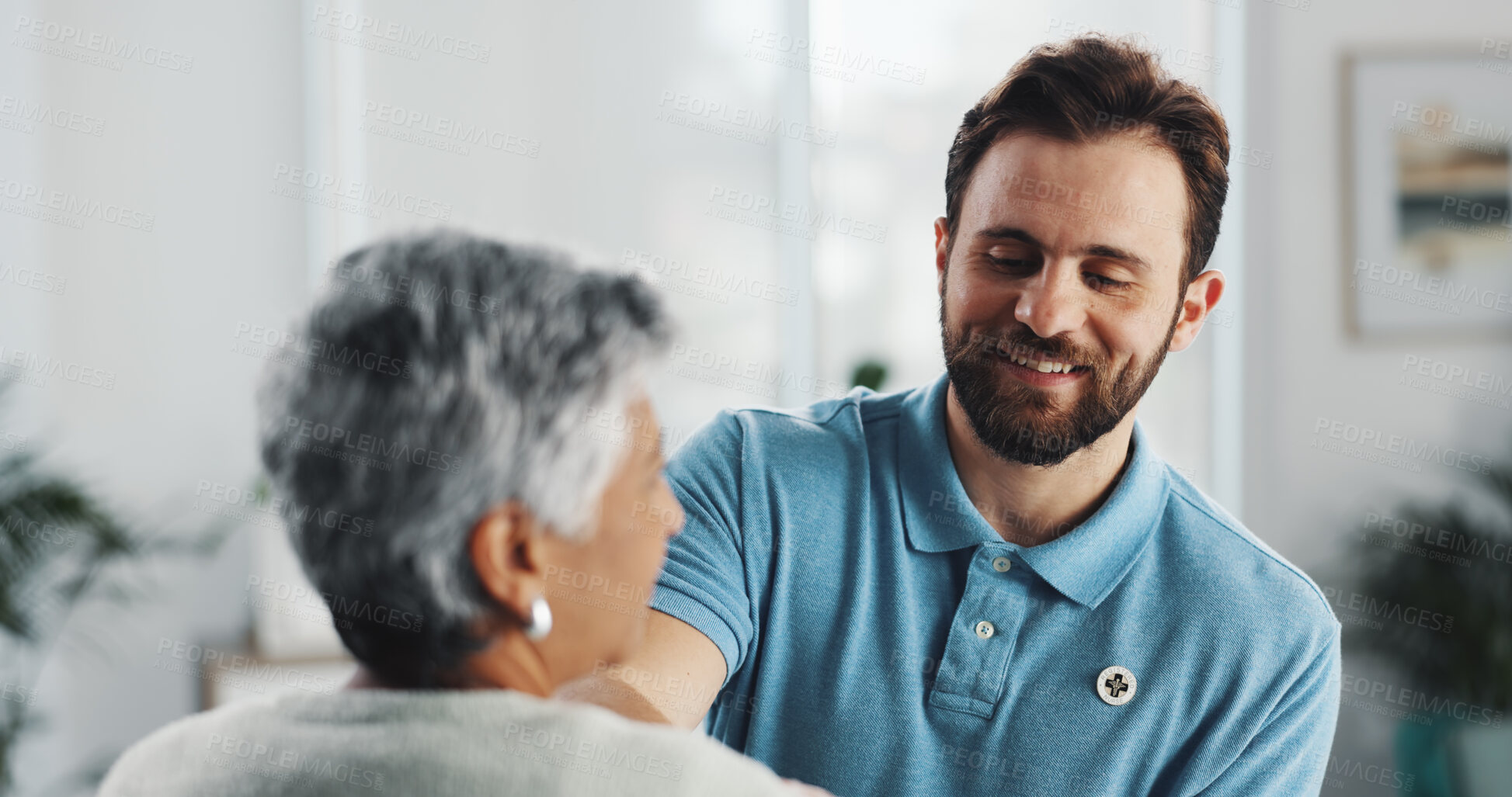 Buy stock photo Male nurse, mature patient and exam at clinic, smile and medical support for wellness services. People, woman and consultation with assessment, check and happy for care with healthcare at hospital