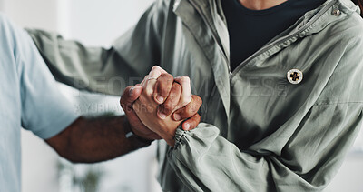 Buy stock photo Holding hands, physiotherapist and help with senior person for physical therapy, mobility and balance. Worker, patient and assistance for walking, support and rehabilitation for healthcare services
