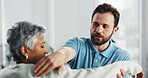 Shoulder, stretching and physiotherapy with man in office for consulting, healthcare and rehabilitation. Muscle recovery, medical and support with senior patient for physical therapy and advice