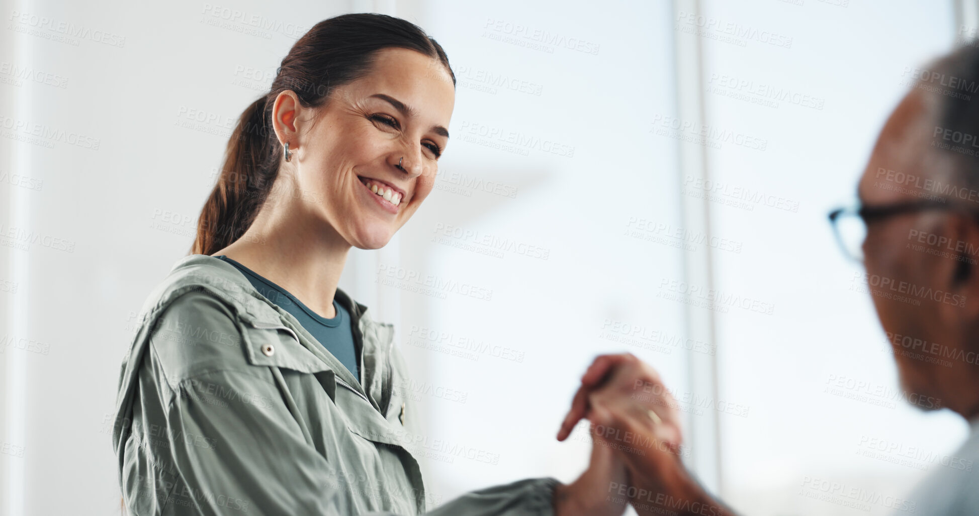 Buy stock photo Happy woman, physiotherapist and high five with elderly patient for support or assisted living. Female person, volunteer or healthcare worker with smile or senior man for medical success or teamwork