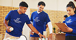 Food, people and clipboard with charity, solidarity or kindness with delivery, teamwork or donations. Volunteer, distribution and group with checklist, grocery parcel and feeding project with help