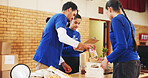 Teamwork, clipboard and donation with people and food for help, charity or ngo project leader. Social responsibility,  grocery distribution and non profit campaign with group for outreach program
