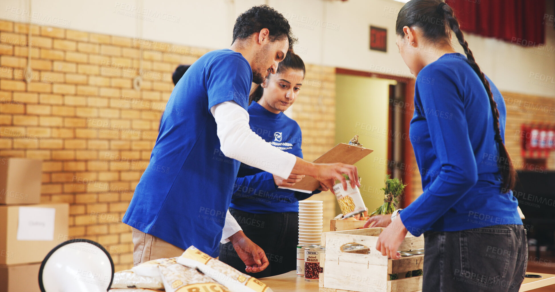 Buy stock photo Teamwork, clipboard and donation with people and food for help, charity or ngo project leader. Social responsibility,  grocery distribution and non profit campaign with group for outreach program