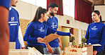 Teamwork, clipboard and charity with people and food for help, donation or ngo project leader. Social responsibility,  grocery distribution and non profit campaign with person for outreach program