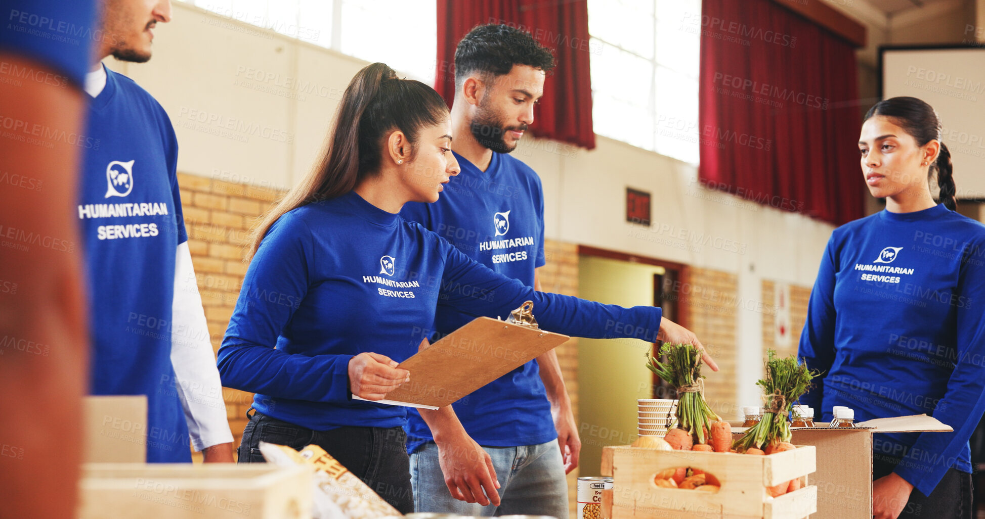 Buy stock photo Teamwork, clipboard and charity with people and food for help, donation or ngo project leader. Social responsibility,  grocery distribution and non profit campaign with person for outreach program