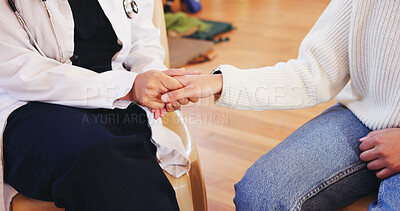 Buy stock photo Holding hands, clinic and person with doctor for comfort for diagnosis, help and support. Healthcare, volunteer center and patient with health worker for medical service, consulting and empathy