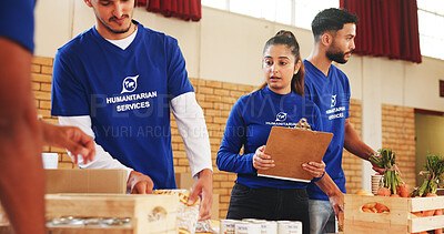 Buy stock photo Boxes, clipboard and charity with people and food for teamwork, donation or ngo project leader. Social responsibility, grocery distribution and non profit campaign with group for outreach program