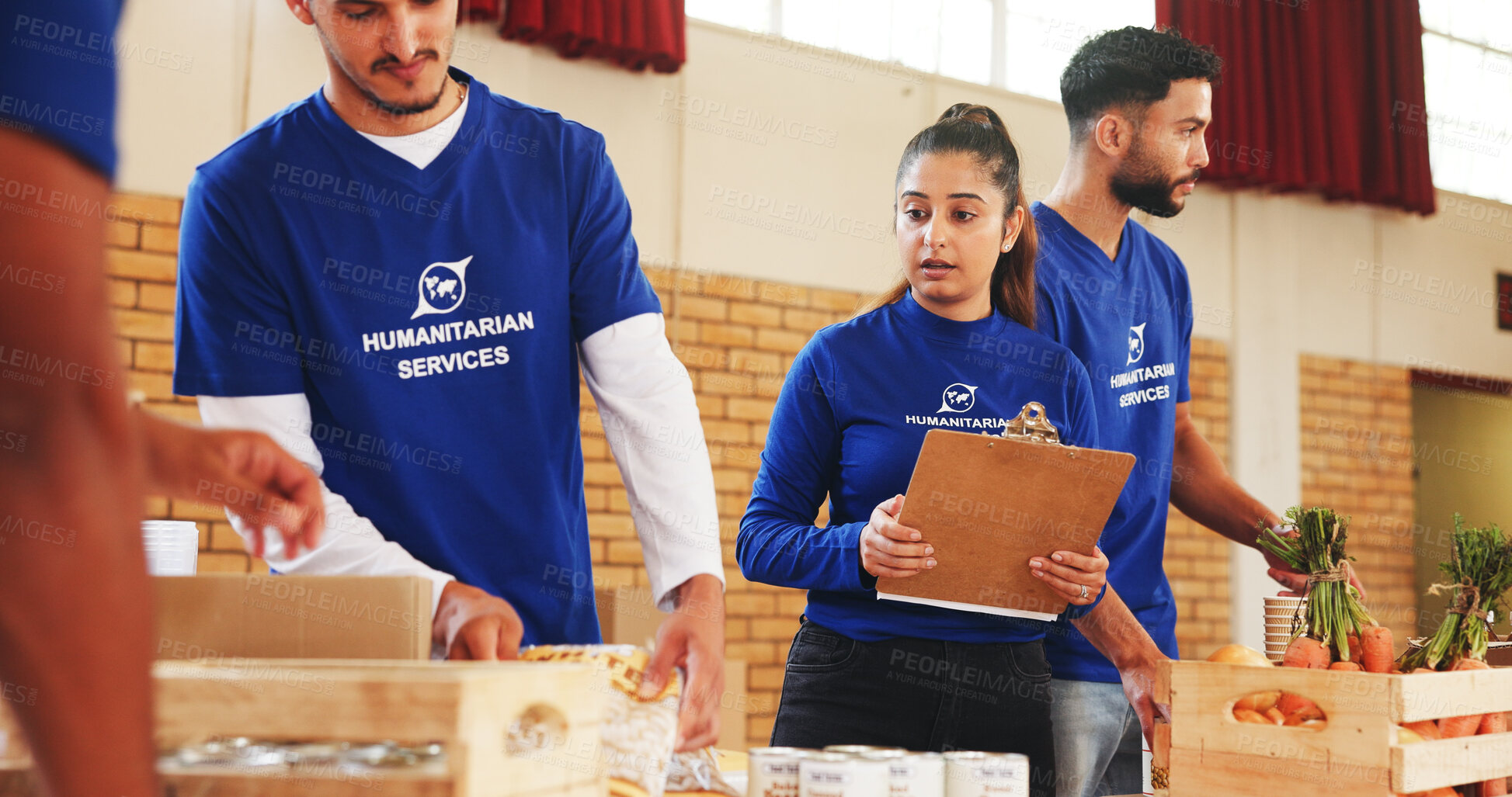 Buy stock photo Boxes, clipboard and charity with people and food for teamwork, donation or ngo project leader. Social responsibility, grocery distribution and non profit campaign with group for outreach program