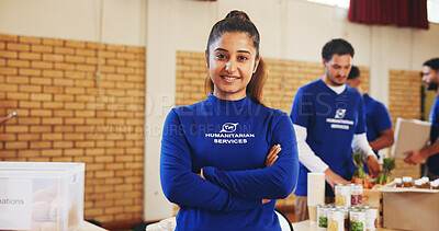 Buy stock photo Arms crossed, woman and volunteer for humanitarian NGO, relief aid or help in portrait. Social responsibility, donation campaign or food bank with person for outreach, charity and welfare in Lebanon