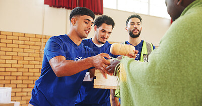 Buy stock photo Food drive, volunteer and donation for homeless person, poverty relief or community outreach. Charity, group and giving grocery for humanitarian aid, distribution or help for hunger at ngo with crate