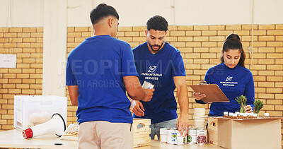 Buy stock photo Food, people and clipboard with charity, teamwork or grocery parcel for delivery, help and donations. Volunteer, kindness or group with distribution, ngo and feeding project with community service