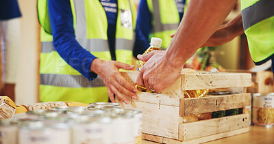 Buy stock photo Food, help or hands of people with donation for community outreach, social project or nutrition. Charity, group or volunteers giving groceries for humanitarian aid, distribution or support at NGO