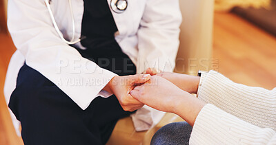 Buy stock photo Holding hands, support and person with doctor for comfort for diagnosis, help and counseling. Healthcare, hospital and patient with health worker for medical service, consulting and empathy in clinic