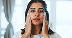 Portrait, confident and woman with cream in home, smooth and facial treatment for skin or cosmetics. Glow, face and Indian person with skincare for beauty, dermatology and moisturizer in house