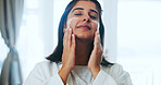 Happy, home and woman with cream, dermatology and facial anti aging treatment with beauty. Aesthetic, apartment and person with creme, skincare and cosmetics with shine, lotion and glow with grooming