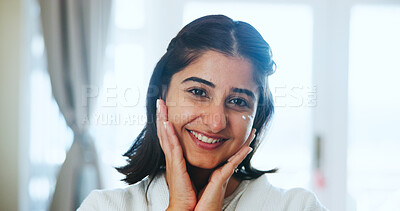 Buy stock photo Portrait, skincare and woman with cream in home, wellness or facial treatment for hydration of skin. Smooth, face and Indian person with cosmetics for beauty, dermatology and moisturizer in house