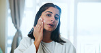 Portrait, skincare and woman with facial treatment in home, wellness or cream for hydration of skin. Smooth, face and Indian person with cosmetics for beauty, space and dermatology for glow in house