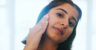 Buy stock photo Portrait, home and woman with beauty, skincare and facial anti aging treatment with dermatology. Face, apartment and person with creme, wellness or cosmetics with shine, lotion and glow with grooming