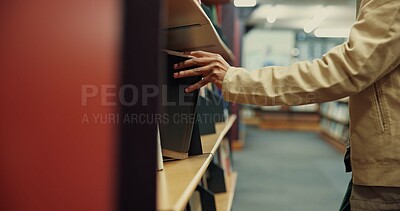 Buy stock photo Person, student and hands with bookshelf at library for choice, selection or genre at university. Academic, literature and learner with novel or textbook in study for story, knowledge or education