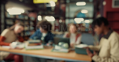 Buy stock photo Group, blur and college with friends in library for education, future and student life. Assignment resources, knowledge and study habits with people on campus for school scholarship and thesis