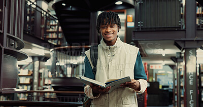 Buy stock photo Library, black man and student with book in portrait, studying information and reading on campus. College, male person and happiness with english literature for education, learning and novel for test