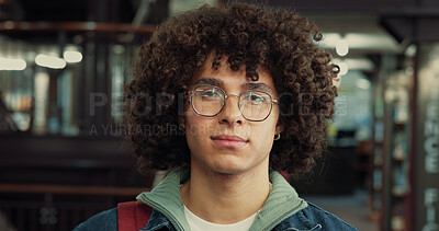 Buy stock photo College student, serious or man with portrait in library for night study, education or learning. University, person or backpack on campus for essay deadline, exam preparation or academic productivity