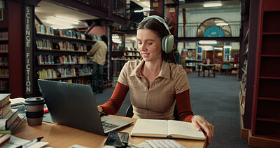 Buy stock photo Student, laptop and girl in library with headphones for study, assignment or thesis with notebook or music. Computer, radio and female person with education, prepare for exam or research for paper