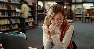 Buy stock photo Student, success and laptop with woman in library for application approval, excited and college. Scholarship award, university announcement and online results with person on campus for good news
