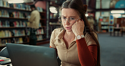 Buy stock photo Stress, college and bored woman on laptop in library for low concentration, fatigue and student debt. University, tired and unhappy person with scholarship loss, burnout and anxiety with bad grades