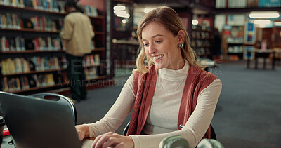 Buy stock photo Learning, happy woman and typing on laptop in library for education or notes revision in college. University student, computer and girl on internet to research assignment, study or test preparation