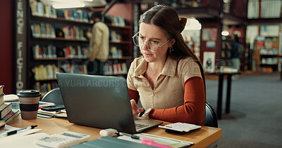 Buy stock photo Laptop, research and college with woman in library for education, future and student life. Assignment resources, online portal and study habits with person on campus for scholarship application