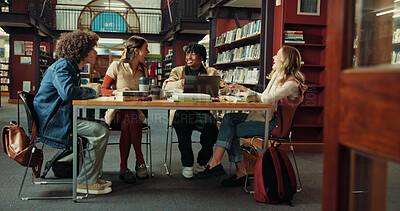 Buy stock photo Happy, study group and college with friends in library for research project, comedy or education. University, funny and scholarship opportunity with people laughing on campus for academy and course