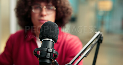 Buy stock photo Mic, man and speaking in studio for broadcast update, podcast recording and guest on talk show. Audio equipment, speaker and live streaming for radio channel, news announcement and entertainment host