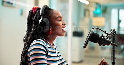 Buy stock photo Studio, black woman and speaker with microphone for broadcast, audio recording and talk show. Office, female presenter and podcaster with communication for announcement, news media and headphones