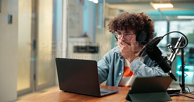 Buy stock photo Surprised, man and live streaming with laptop, headphones or wow for views on website or influencer. Shocked, host and person with tech for podcast, online and review of comments on social media