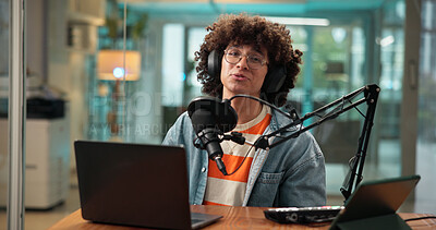 Buy stock photo Portrait, man and headphones with mic for broadcast, recording podcast and reporter in studio. Male person, equipment and laptop for news announcement, radio channel and hosting show as entertainment