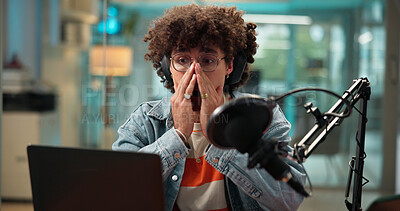 Buy stock photo Surprised, man and influencer with laptop, headphones or wow for views on website or live streaming. Shocked, host and person with tech for podcast, online and review of comments on social media