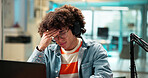 Stress, influencer and man with mic for podcast with mistake, online glitch and network error. Content creator, worry and person on laptop with audio issue, audience feedback or fail on live stream