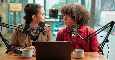 Buy stock photo Podcast, microphone and people together with laptop for live streaming, broadcast or host. Man, woman and on air with online platform, web presenter and studio for radio or talk show with tech