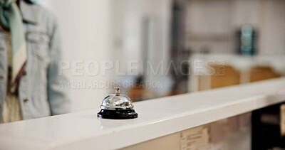 Buy stock photo Person, ring and counter with bell at hotel for room service, alert or attention at front desk. Customer, buzzer or alarm with request for accommodation, hospitality or help at concierge or reception