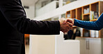 Handshake, offer and business people in office with partnership, welcome or negotiation with finance. Agreement, greeting and financial manager shaking hands with investor for investment deal.