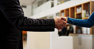 Buy stock photo Handshake, offer and business people in office with partnership, welcome or negotiation with finance. Agreement, greeting and financial manager shaking hands with investor for investment deal.