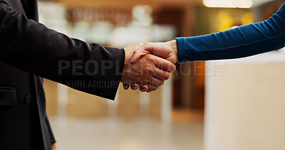 Buy stock photo Handshake, offer and business people in office with agreement, welcome or negotiation with finance. Partnership, greeting and financial manager shaking hands with investor for investment deal.