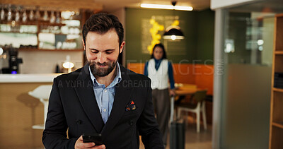 Buy stock photo Hotel, smartphone and man in lobby, smile and confidence with travel business, social media and app. Person, entrepreneur and guest in hallway, hospitality and cellphone with connection and chatting