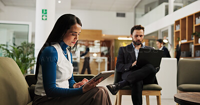 Buy stock photo Hotel, guest and woman with tablet, lobby and preparation for meeting with tech, web or hospitality. Checking, email and people with app for research, online and accountant on business trip in motel