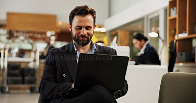 Buy stock photo Laptop, typing and business man at hotel for guest, conference itinerary and booking reservation. Expo schedule, hospitality and convention venue with person for online, email RSVP and travel