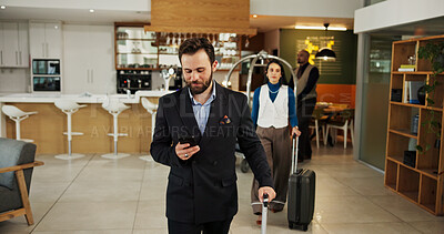 Buy stock photo Phone, luggage and business man at hotel for guest, conference itinerary and booking reservation. Expo schedule, networking and event venue with person for online, keynote speaker list and travel